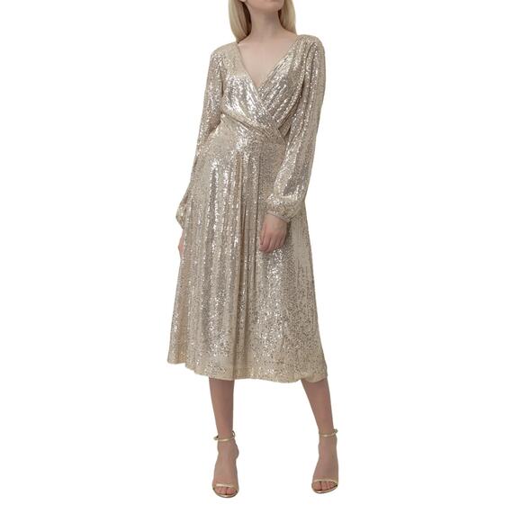 Lauren Ralph Lauren Bowen gold sequin long sleeve midi dress Size 4 glam fairy - Picture 1 of 12